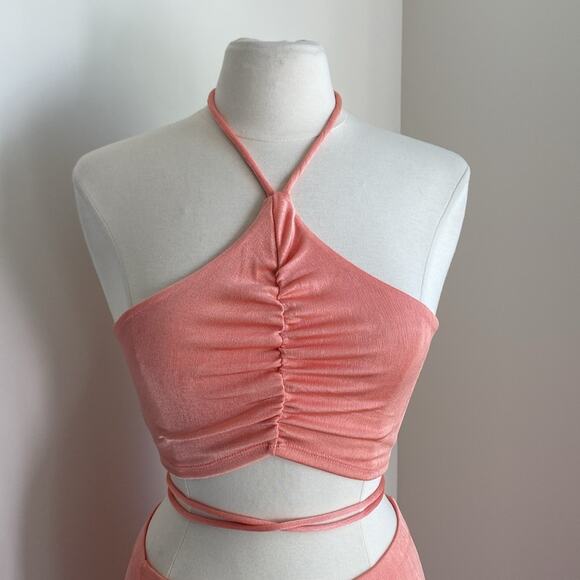 2 Piece Coral Skirt Set Womens Sz Small Stretch Summer Party Cocktail Rooftop - Picture 3 of 7